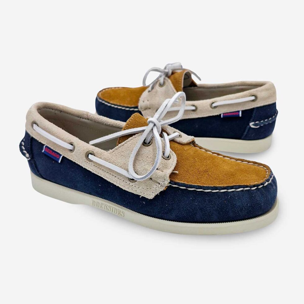 Sebago Portland JIB Navy Papyrus Cuoio Shoes available at LRS Online- Mirrored Pair View
