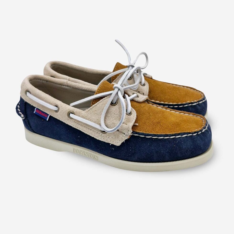 Sebago Portland JIB Navy Papyrus Cuoio Shoes available at LRS Online- Angled Pair View