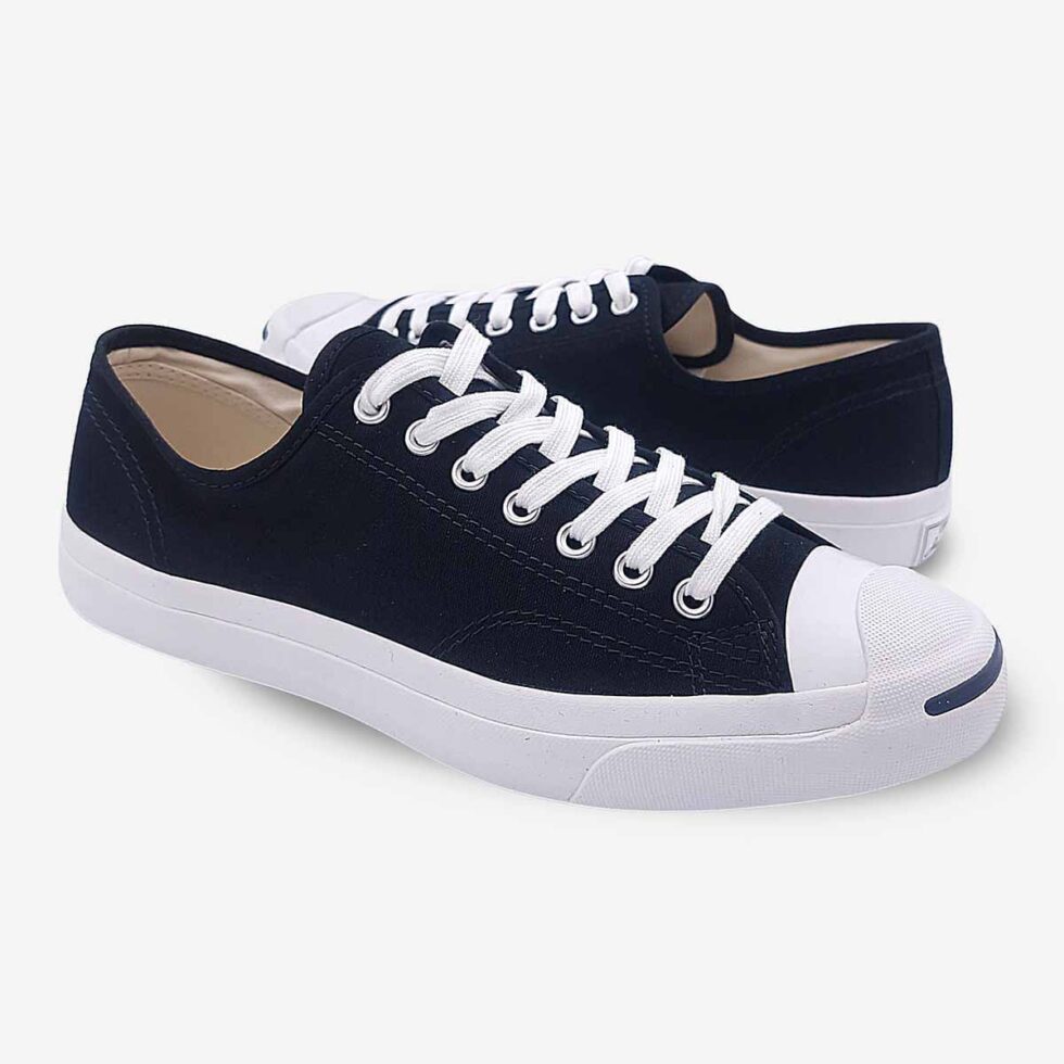 Mirrored pair of Jack Purcell black canvas low-top sneakers with blue sole