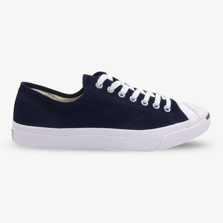 Side-front view of Jack Purcell low black canvas sneaker