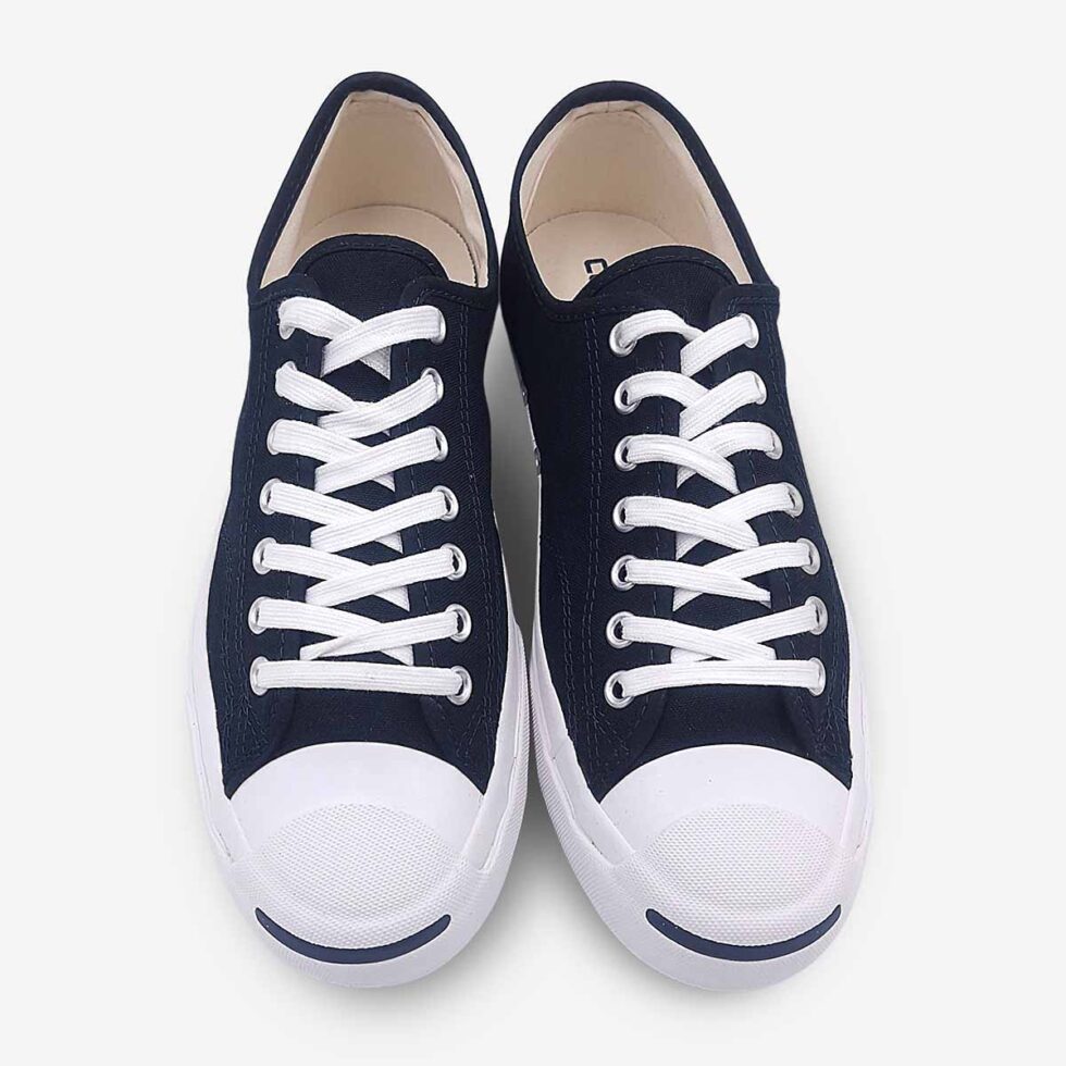 Top view of Jack Purcell low black canvas sneaker in black showing lace-up front