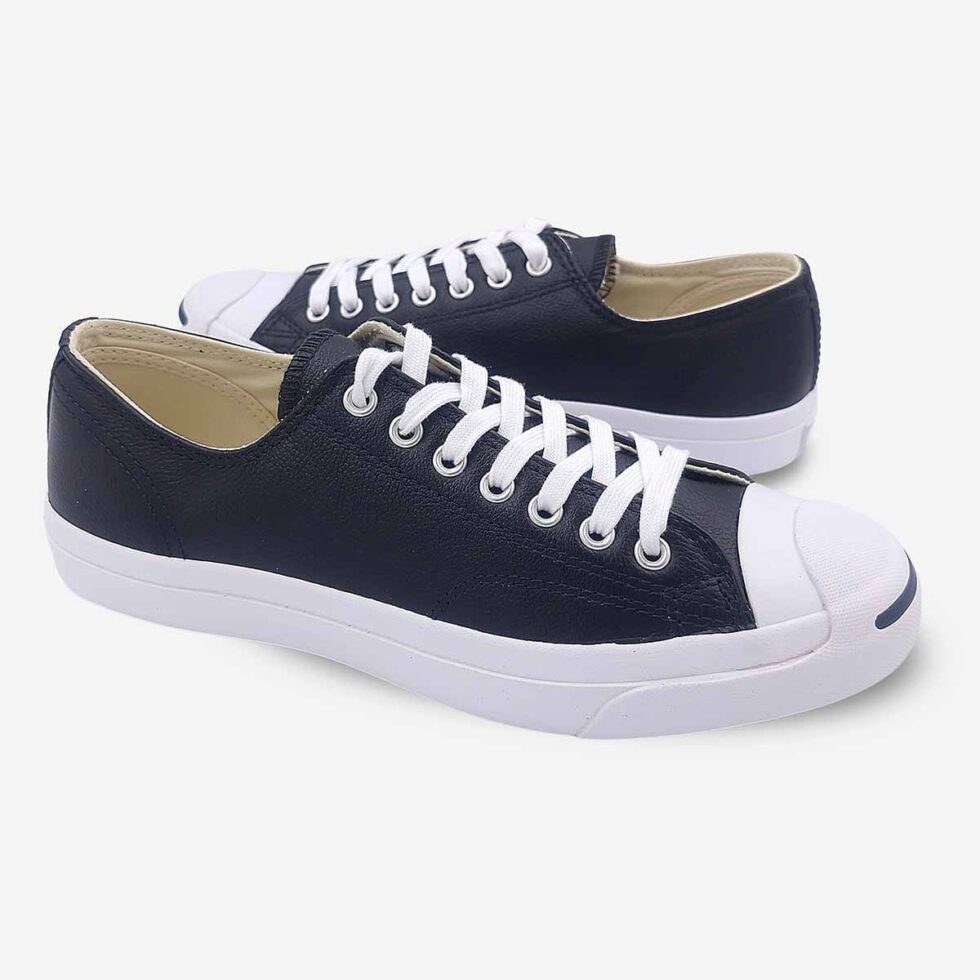 Mirrored pair of Jack Purcell low black leather sneakers in black colour