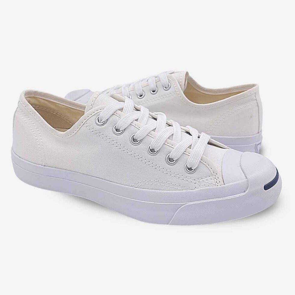 Mirrored pair of Jack Purcell white canvas low-top sneakers with blue sole