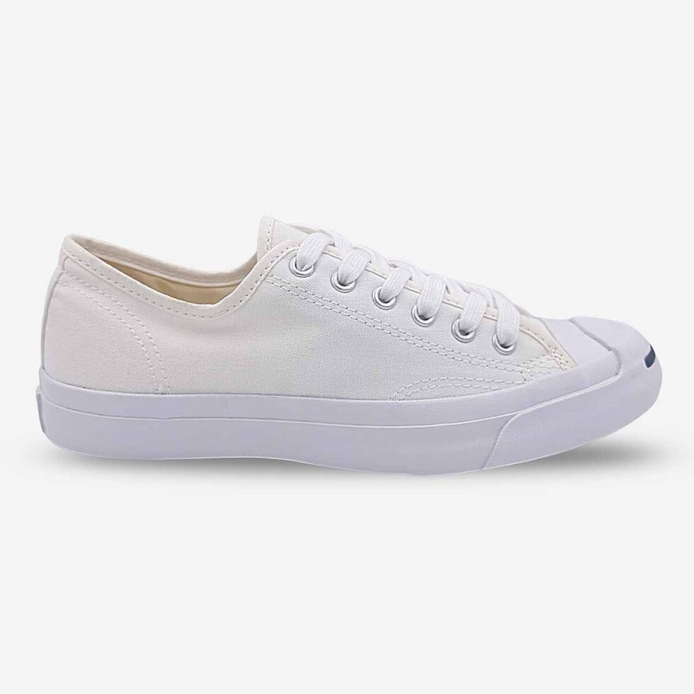 Side-front view of Jack Purcell low white canvas sneaker