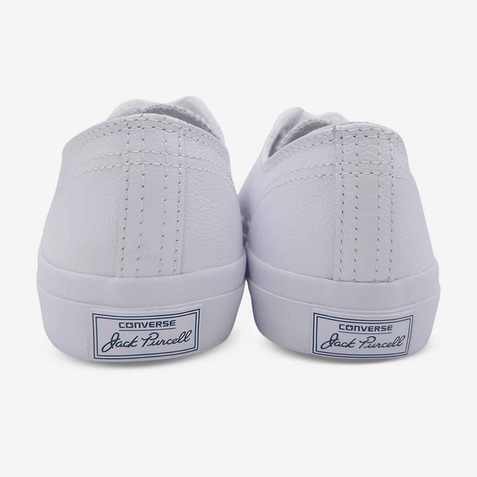 Back view of Jack Purcell low white leather sneaker showing heel branding in white leather