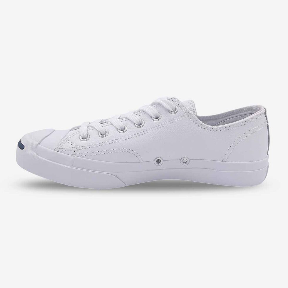 Inner side of Jack Purcell low white leather sneaker in white with lace-up closure