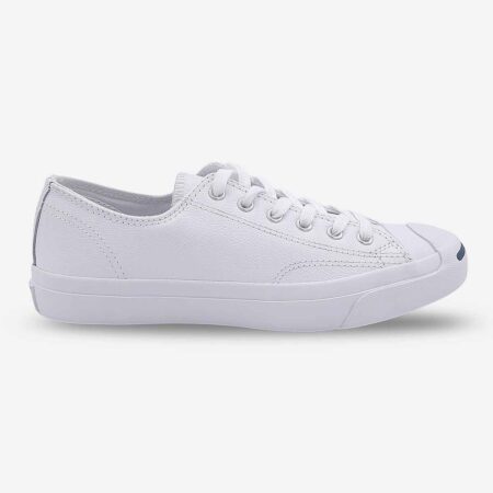 Side-front view of Jack Purcell low white leather sneaker showing low-profile silhouette