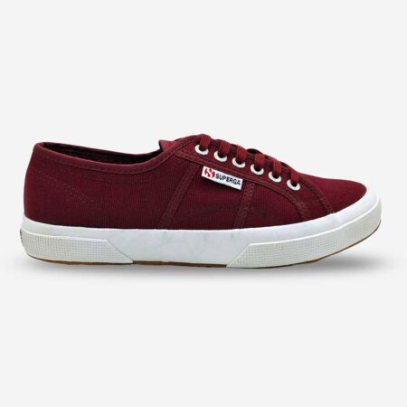 Superga 2750 Cotu bordeaux maroon sneaker, side-front view with tonal stitching and Superga side tab
