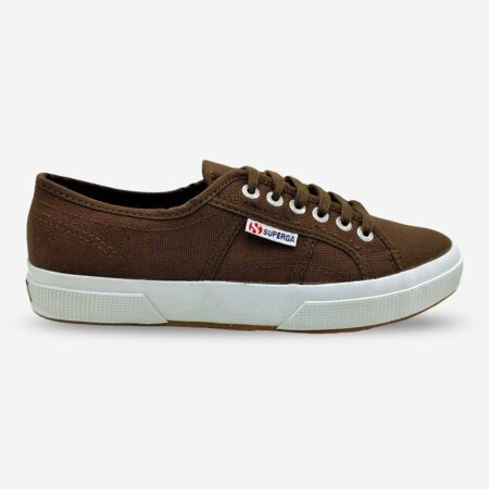 Superga 2750 Cotu Chocolate sneaker, side-front view showing tonal stitching and subtle Superga side tab branding