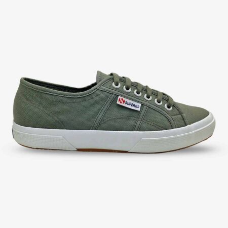 Superga 2750 Cotu dark grey sage sneaker, side-front view with visible stitching and side branding tab