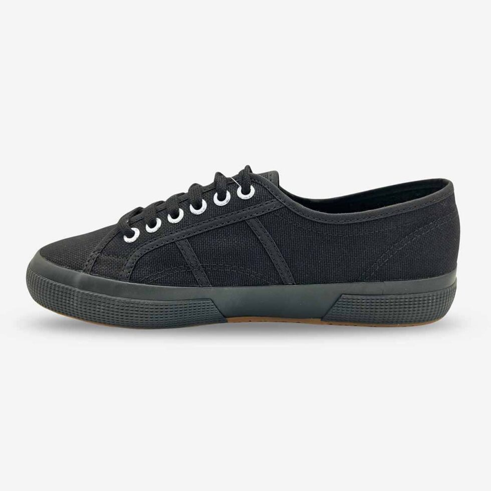 Superga 2750 Cotu full black sneaker, inner side showing smooth canvas upper and lace-up closure
