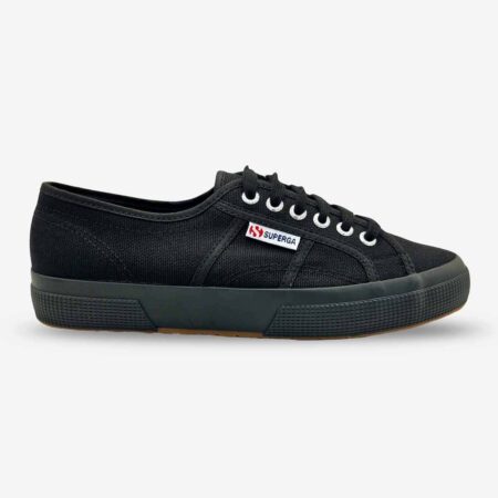 Superga 2750 Cotu full black sneaker, side-front view showing lace detailing and side branding tab