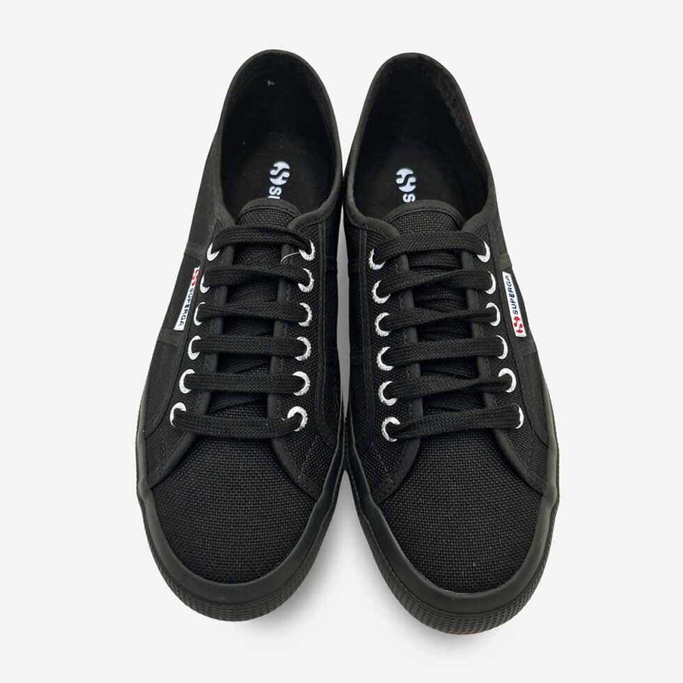 Top view of Superga 2750 Cotu full black sneakers showing lace-up opening and cotton lining