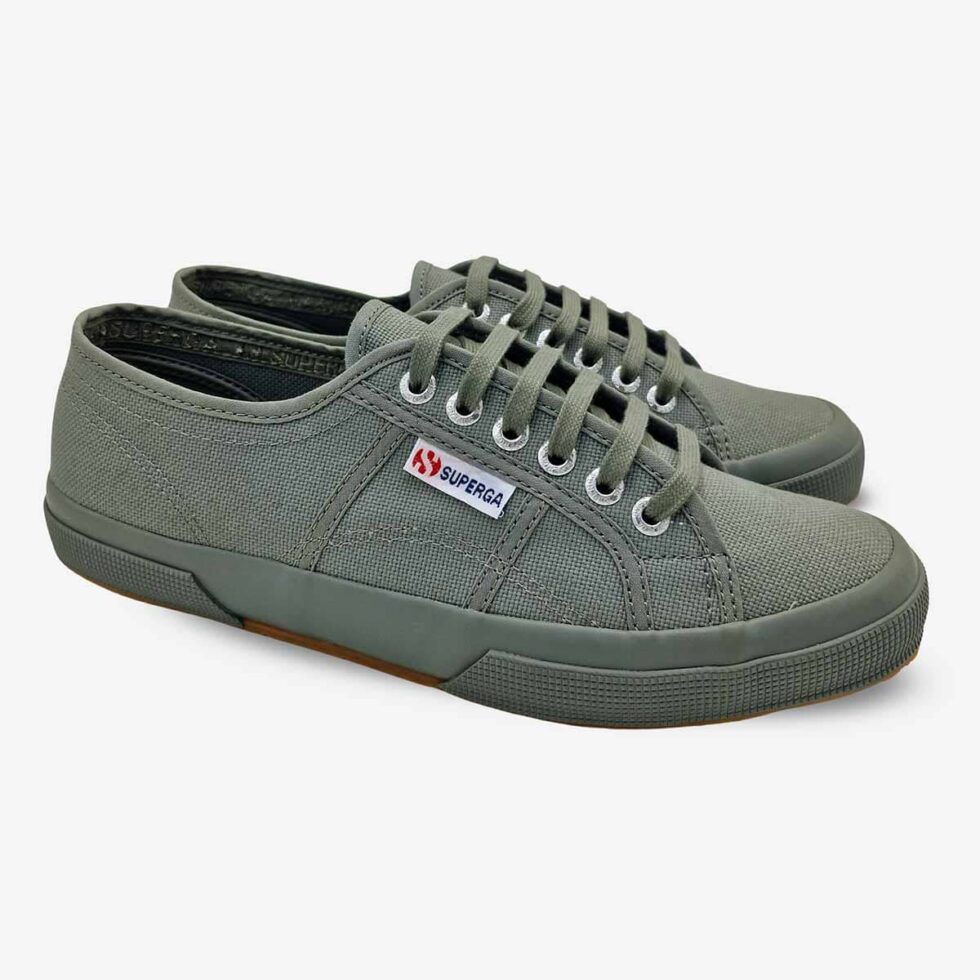Pair of Superga 2750 Cotu full grey sage sneakers, angled front and side view