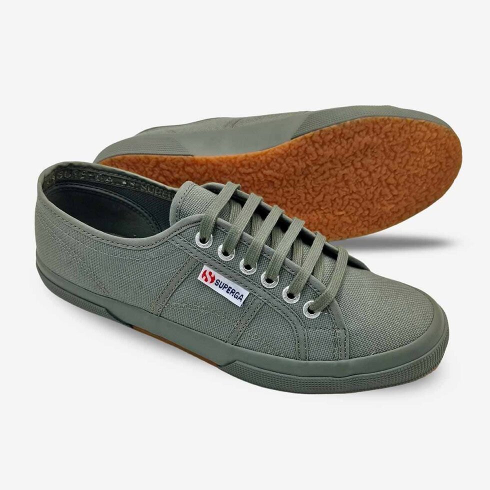Full grey sage Superga 2750 Cotu sneakers, angled pair showing cotton upper and vulcanized rubber sole