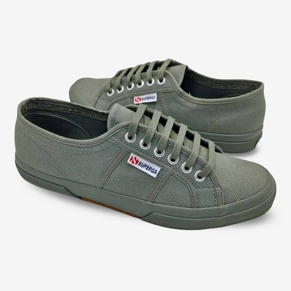 Superga 2750 Cotu full grey sage sneakers, mirrored pair showing both shoes from opposite angles