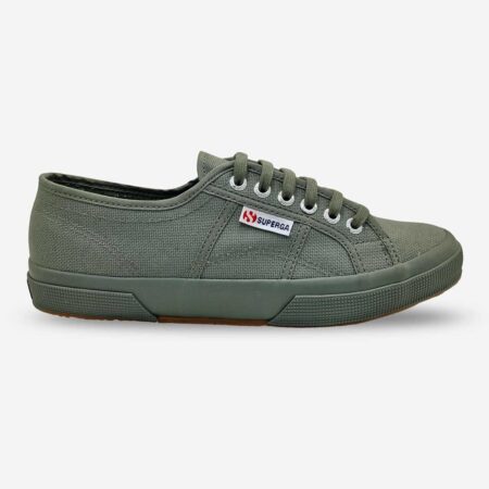 Superga 2750 Cotu full grey sage sneaker, side-front view with visible stitching and Superga side tab