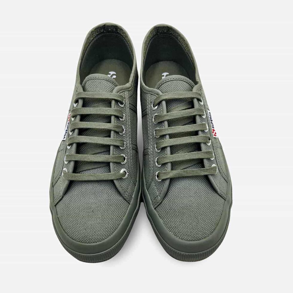 Top view of Superga 2750 Cotu full grey sage low-top sneakers showing lace opening and cotton lining