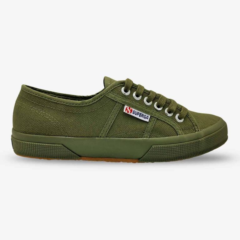 Superga 2750 Cotu low-top sneaker in full military green, side-front angle with visible Superga side tab