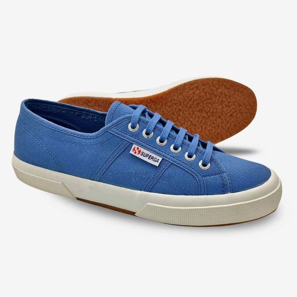 Light blue Superga 2750 Cotu sneakers, angled pair view showing vulcanized rubber sole