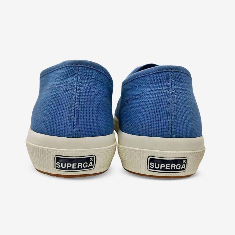 Rear view of Superga 2750 Cotu sneaker in light blue showing heel and vulcanized rubber sole