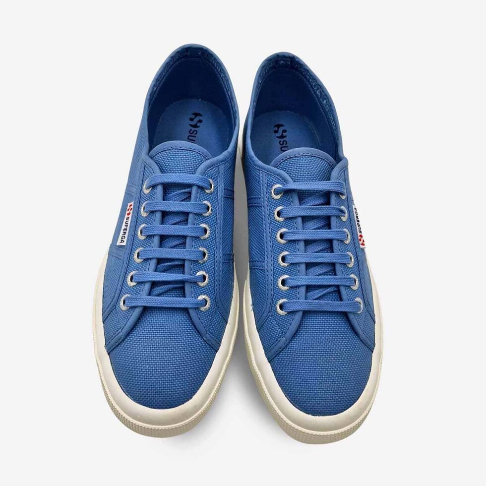 Top view of Superga 2750 Cotu sneakers in light blue showing lace-up design and cotton lining