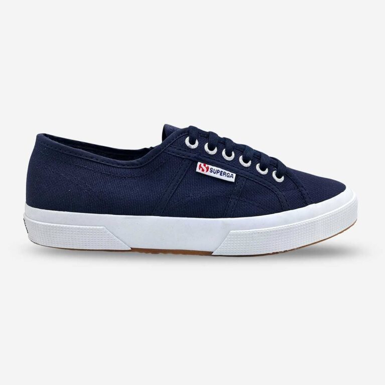 Superga 2750 Cotu Navy sneaker, side-front view showing tonal stitching and Superga side tab branding
