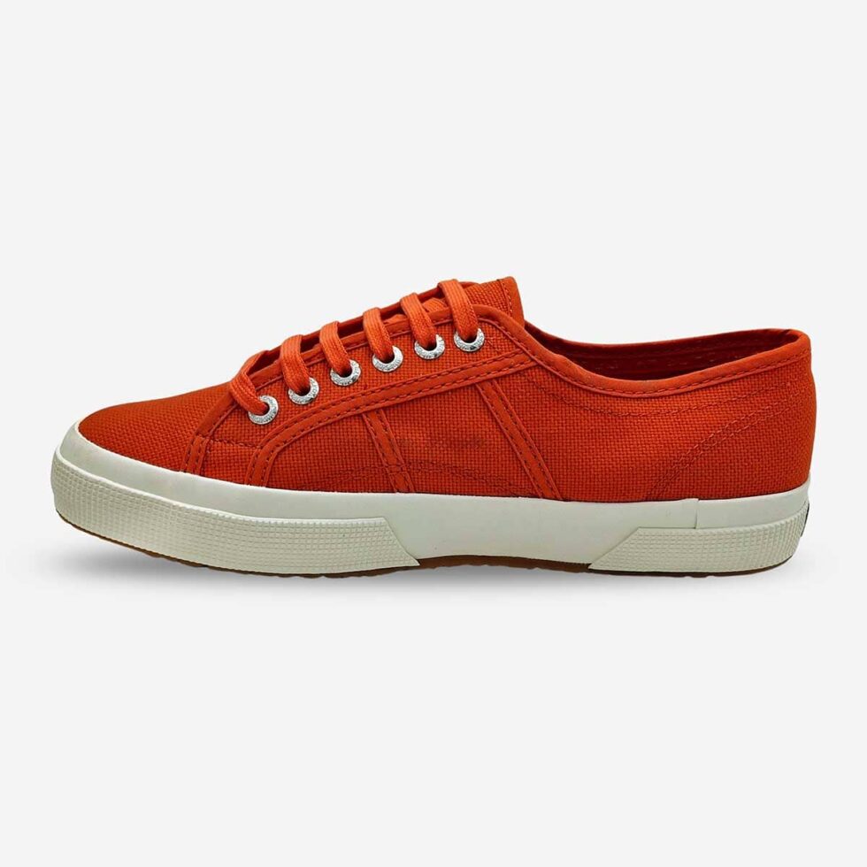 Superga 2750 Cotu Red Creta sneaker, inner side showing smooth red-orange cotton upper and low-profile design
