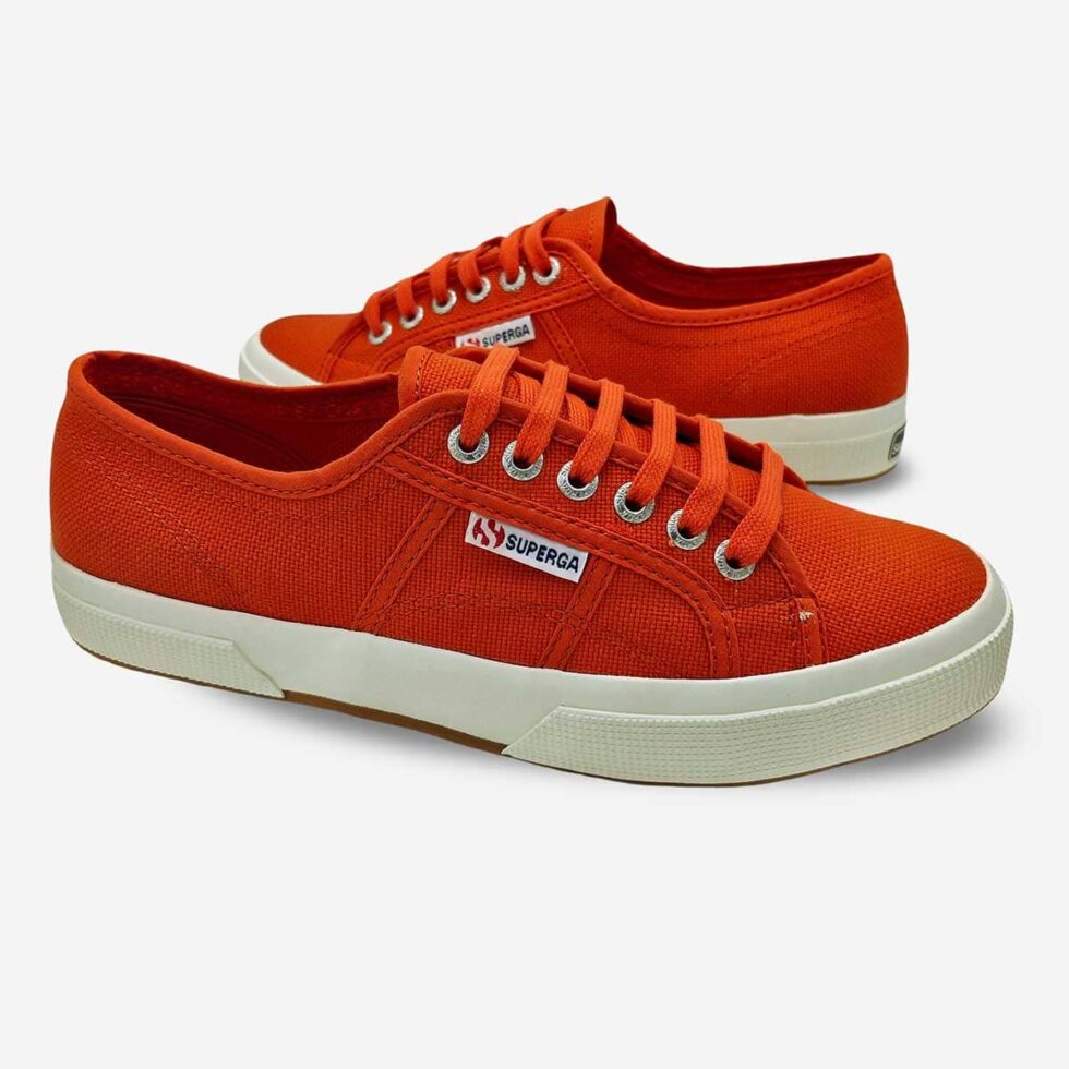 Superga 2750 Cotu Red Creta sneakers, mirrored pair showing both shoes from opposite angles