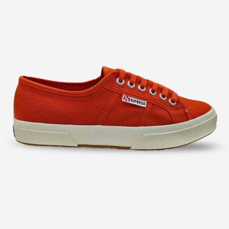 Superga 2750 Cotu Red Creta sneaker, side-front view showing tonal stitching and Superga side tab branding
