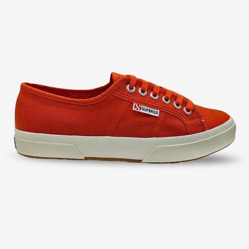 Superga 2750 Cotu Red Creta sneaker, side-front view showing tonal stitching and Superga side tab branding