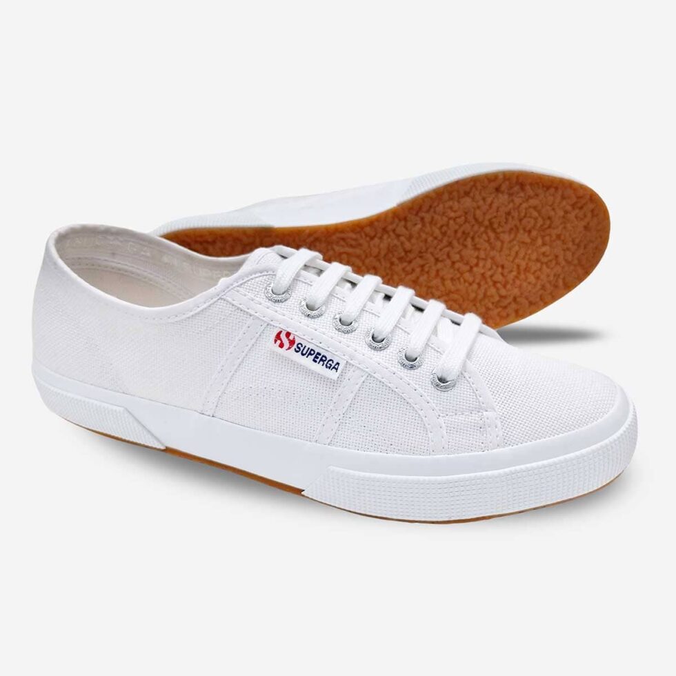 White Superga 2750 Cotu sneakers, angled pair showing vulcanized rubber sole and cotton upper