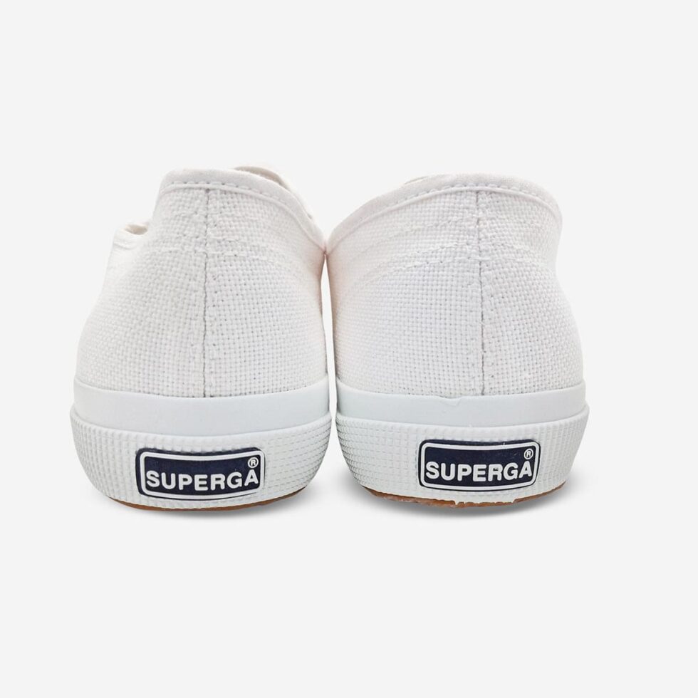 Rear view of Superga 2750 Cotu white low-cut sneaker showing heel and clean canvas finish