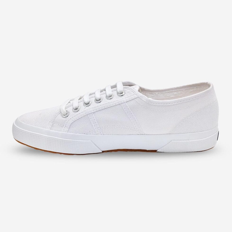 Superga 2750 Cotu white sneaker, inner side showing smooth canvas upper and lace-up closure