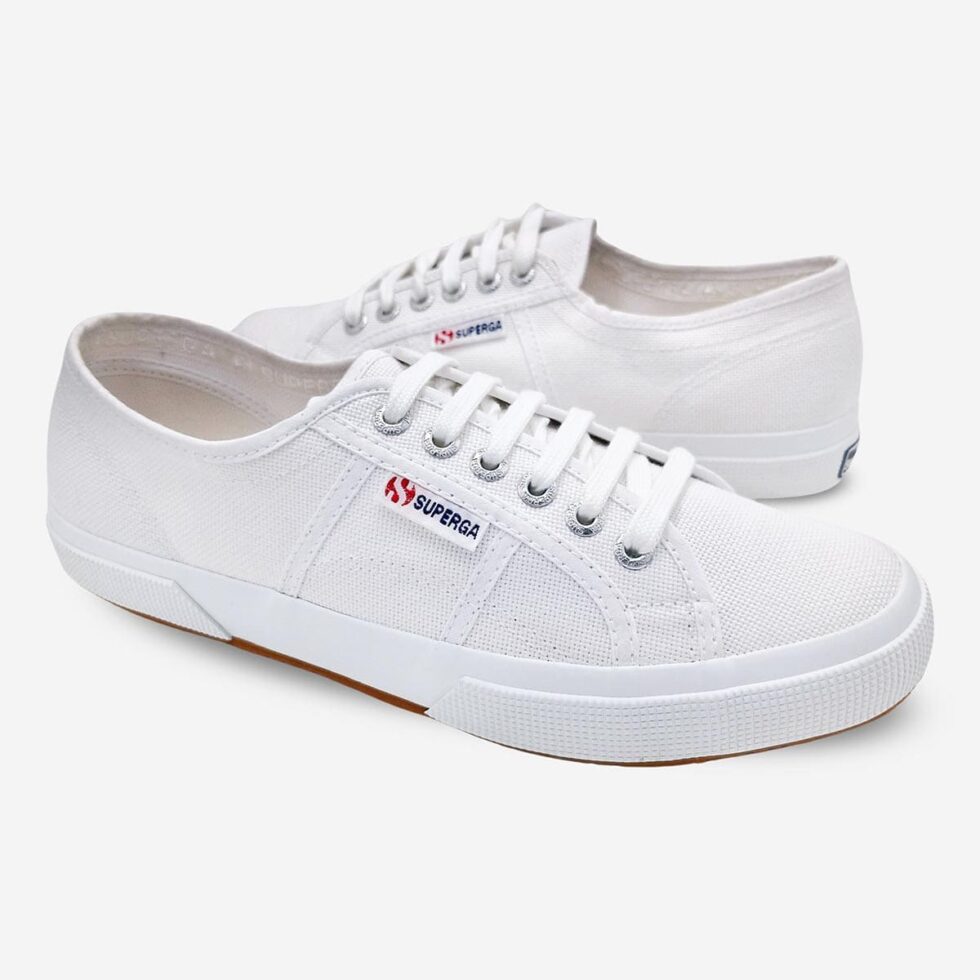 Superga 2750 Cotu white low-cut sneakers, mirrored pair showing both shoes from opposite angles