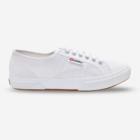 Superga 2750 Cotu white sneaker, side-front view showing lace detailing and side branding tab