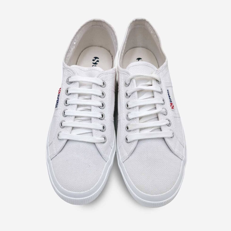 Top view of Superga 2750 Cotu white sneakers showing lace-up opening and cotton lining