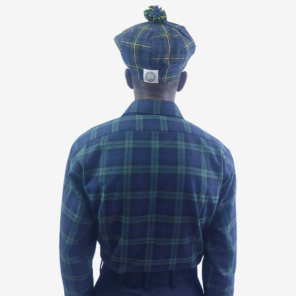 Back view of Monatic Viyella flannel check shirt in green and blue, showing regular fit and sleeves