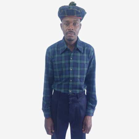 Front view of Monatic Viyella long sleeve shirt with green and blue check pattern