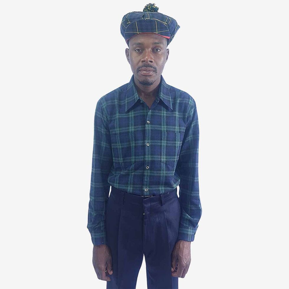 Front view of Monatic Viyella long sleeve shirt with green and blue check pattern