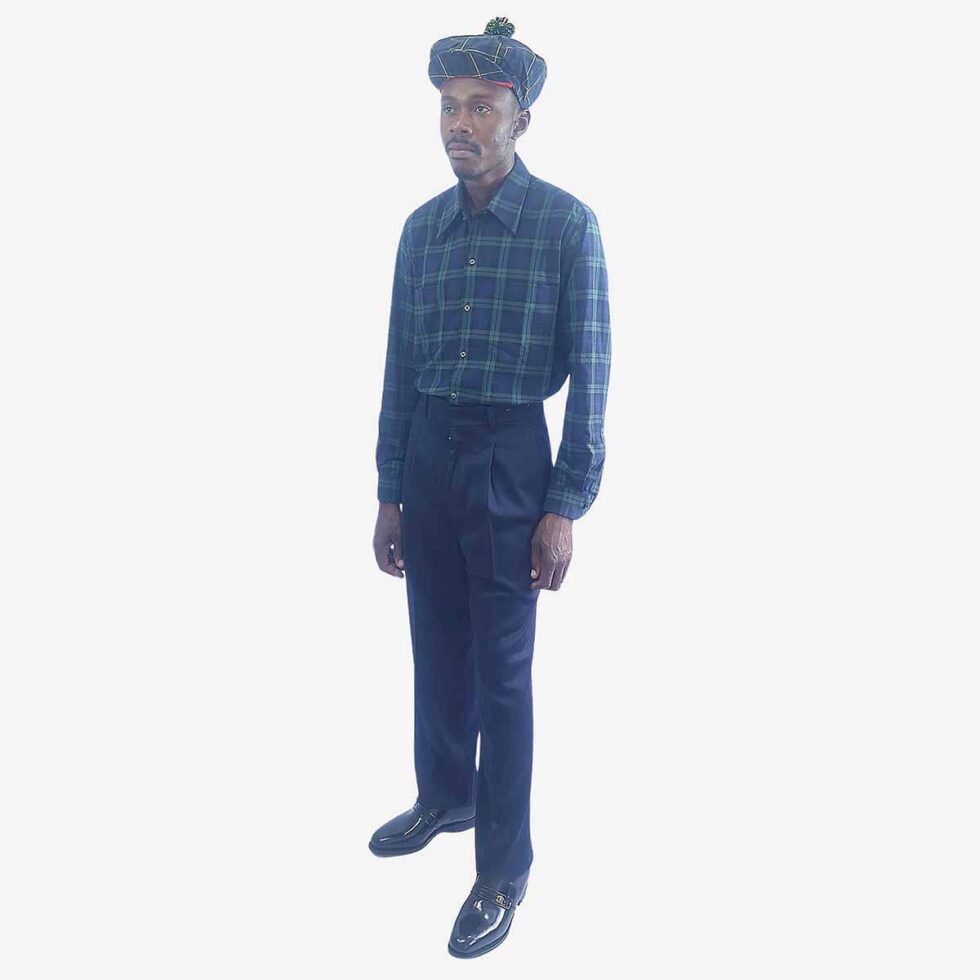 Monatic Viyella flannel check shirt in green and blue, full-length front view