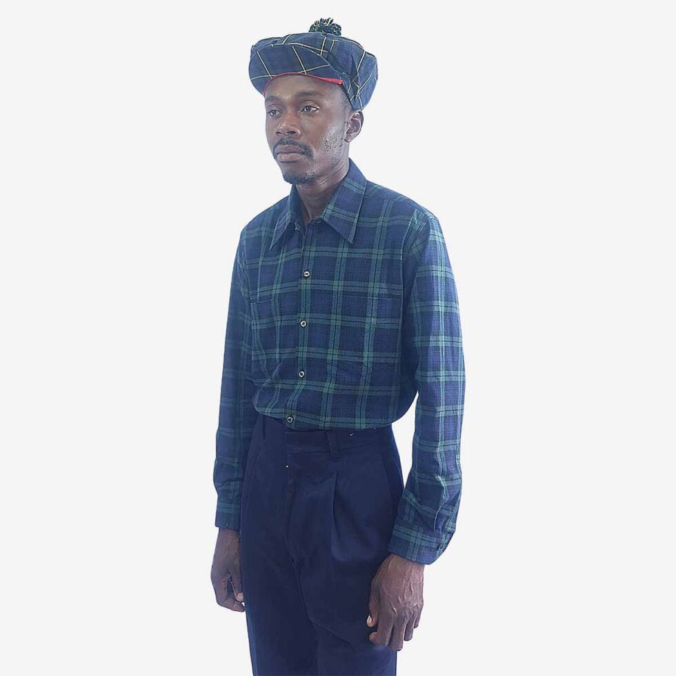 Monatic Viyella Kensington long sleeve check shirt in green and blue, three-quarter angle