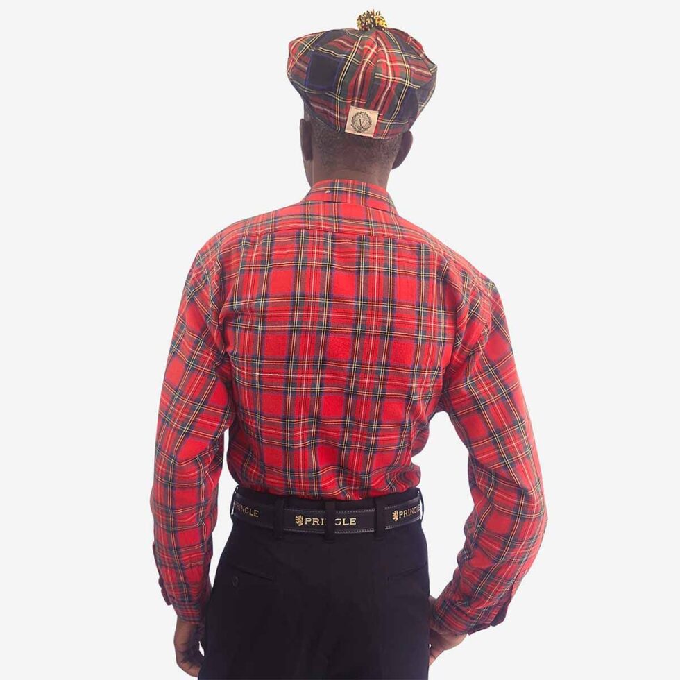 Back view of Monatic Viyella flannel shirt in red multicolour showing regular fit and long sleeves