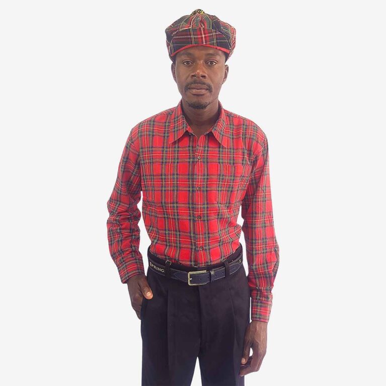 Front view of Monatic Viyella long sleeve shirt with red base and multicolour check pattern
