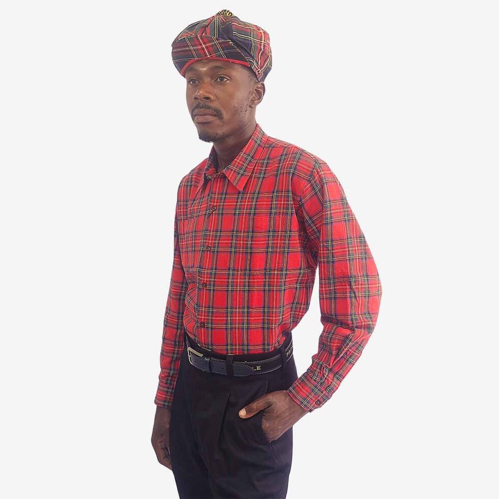 Monatic Viyella Kensington long sleeve check shirt in red with green, blue, white, and yellow lines three-quarter angle