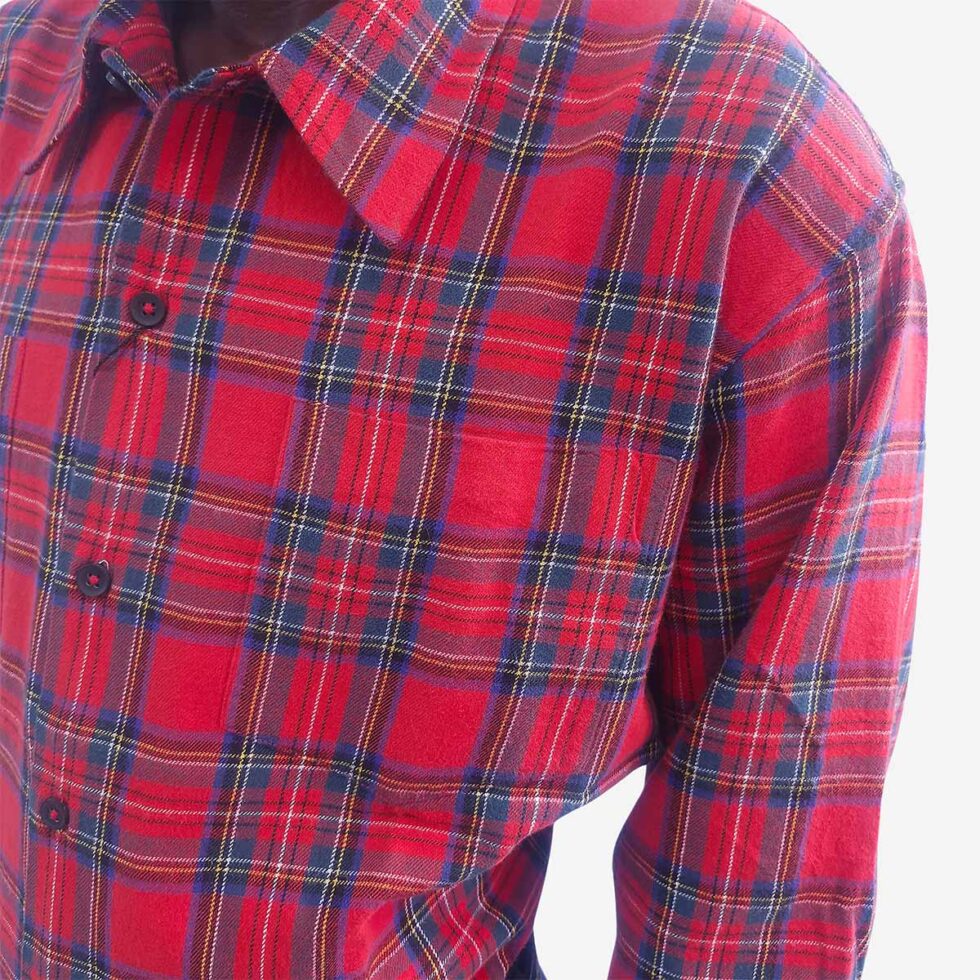 Close-up of Monatic Viyella red multicolour check shirt showing flannel texture and buttons
