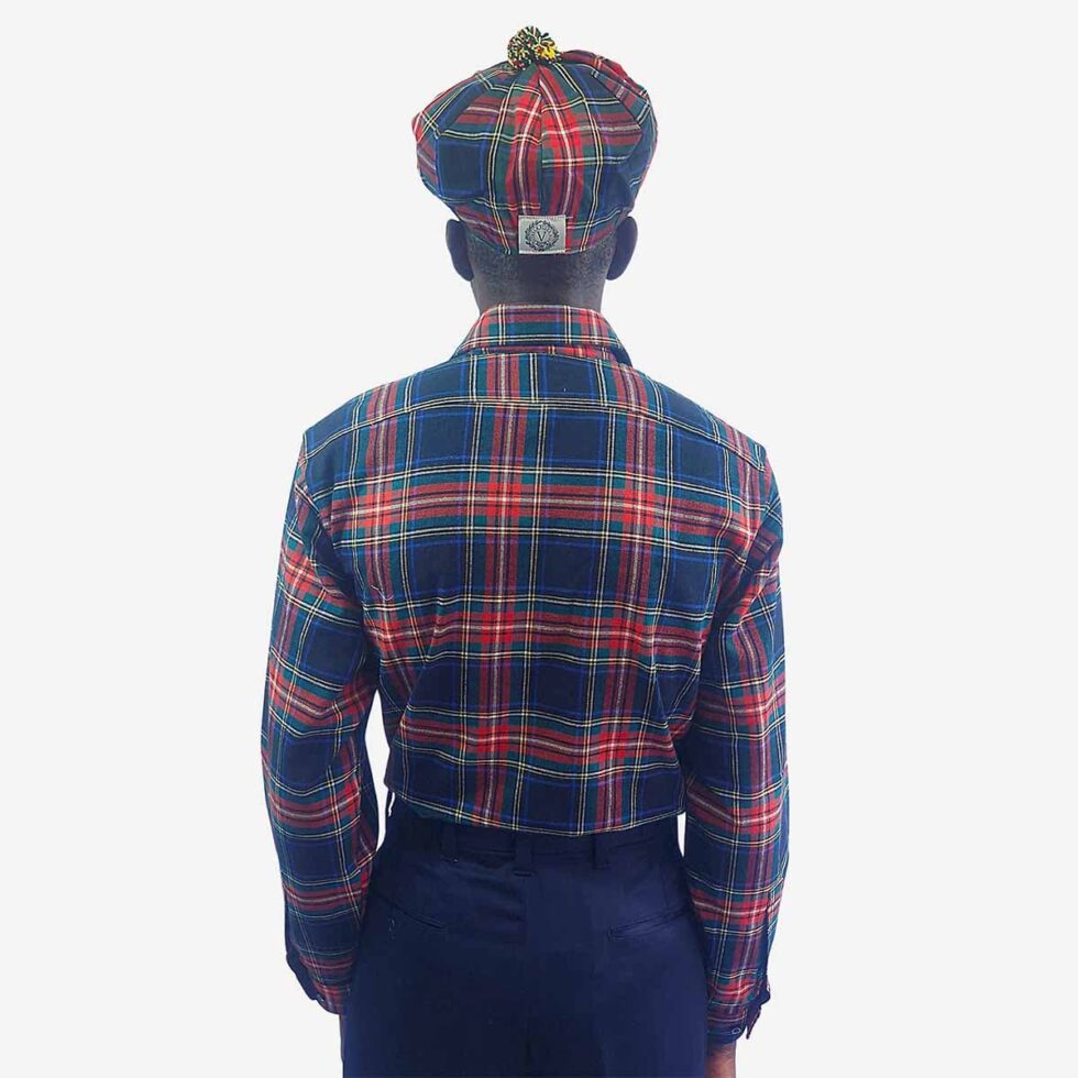 Back of Monatic Viyella flannel check shirt in navy, red, and green, displaying regular fit and sleeves