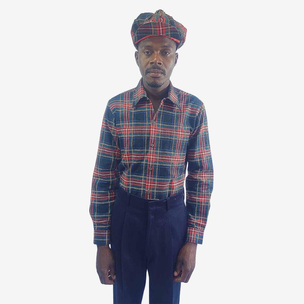 Front view of Monatic Viyella long sleeve shirt with navy, red, and green checks