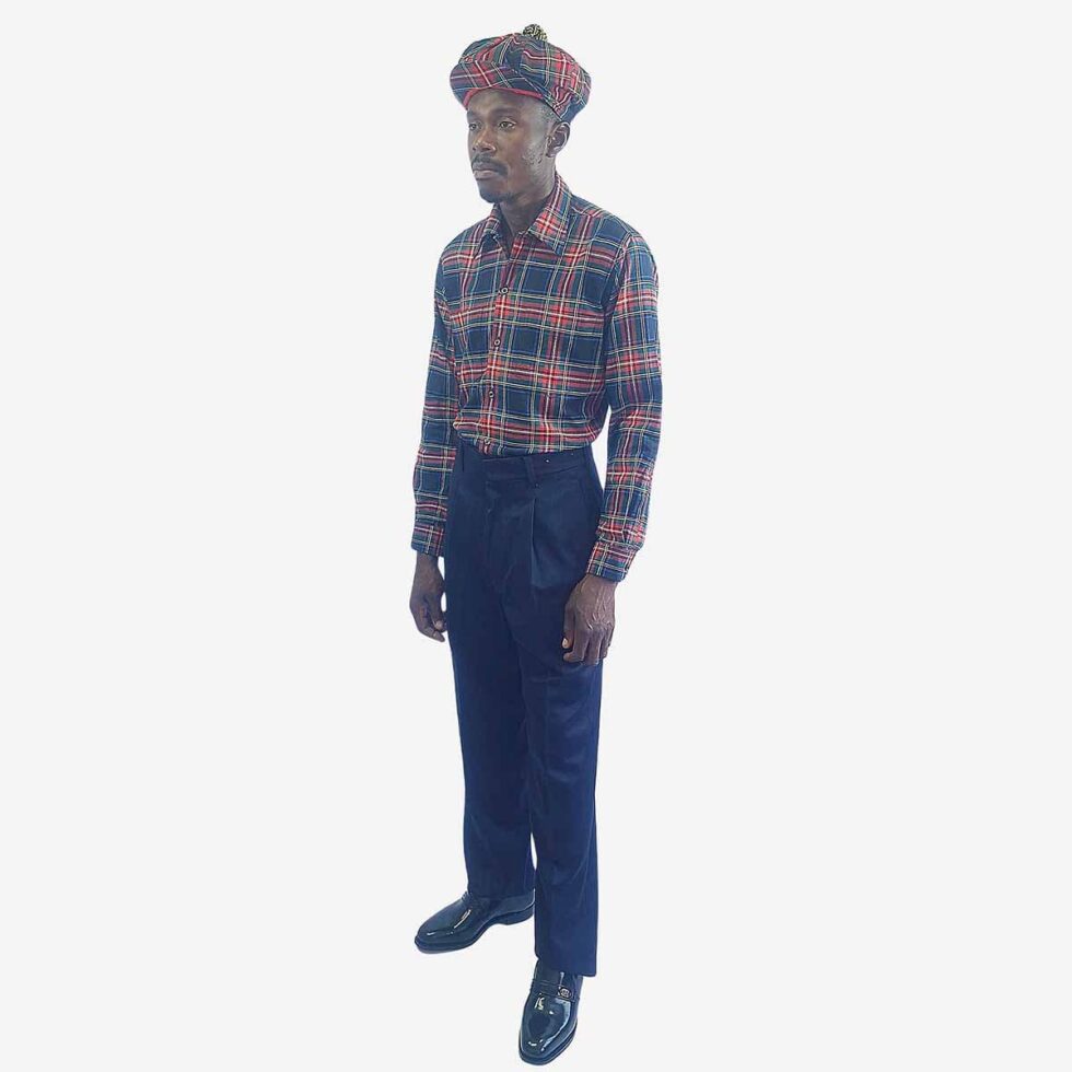onatic Viyella flannel check shirt in navy, red, and green, full-length front view