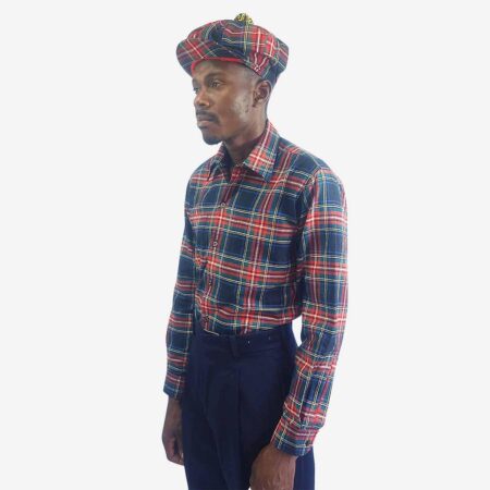 Monatic Viyella long sleeve check shirt in navy with red and green lines three-quarter angle